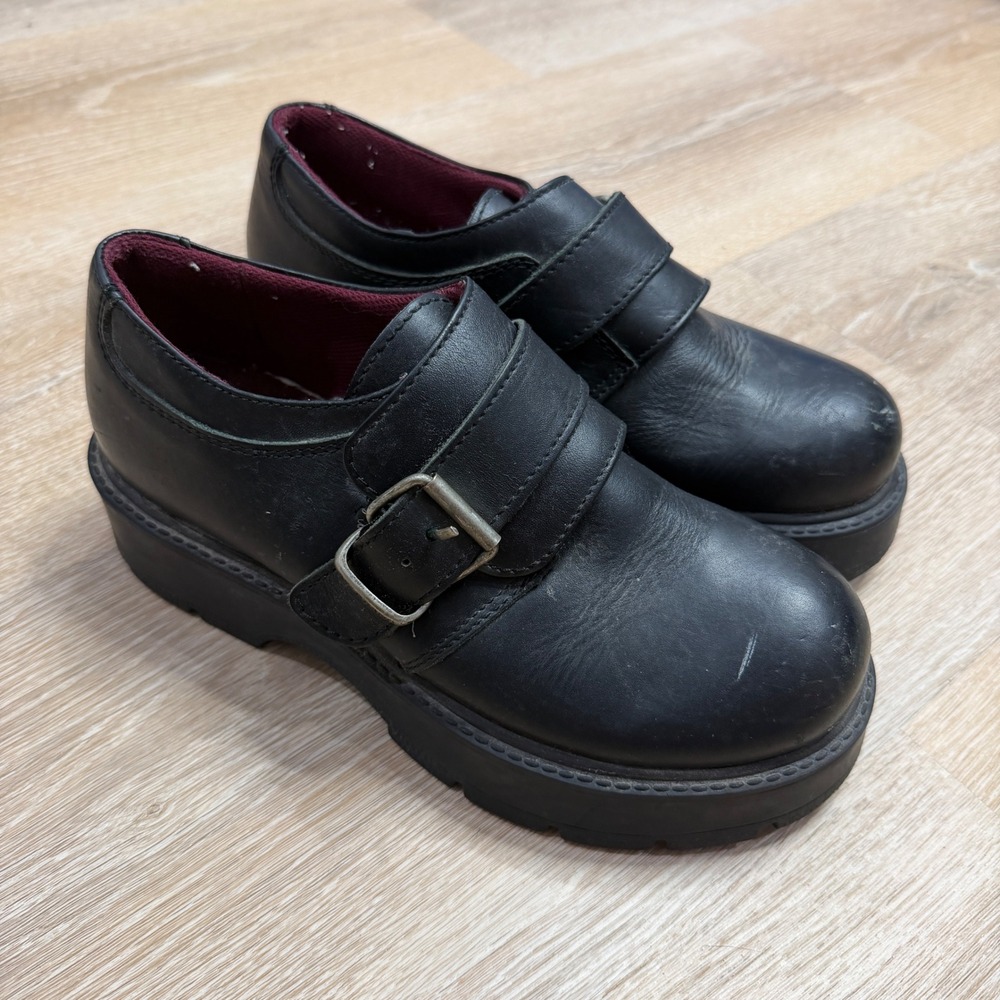 American Eagle Vintage Black Leather Chunky Platform Monk Strap Loafers Size 8